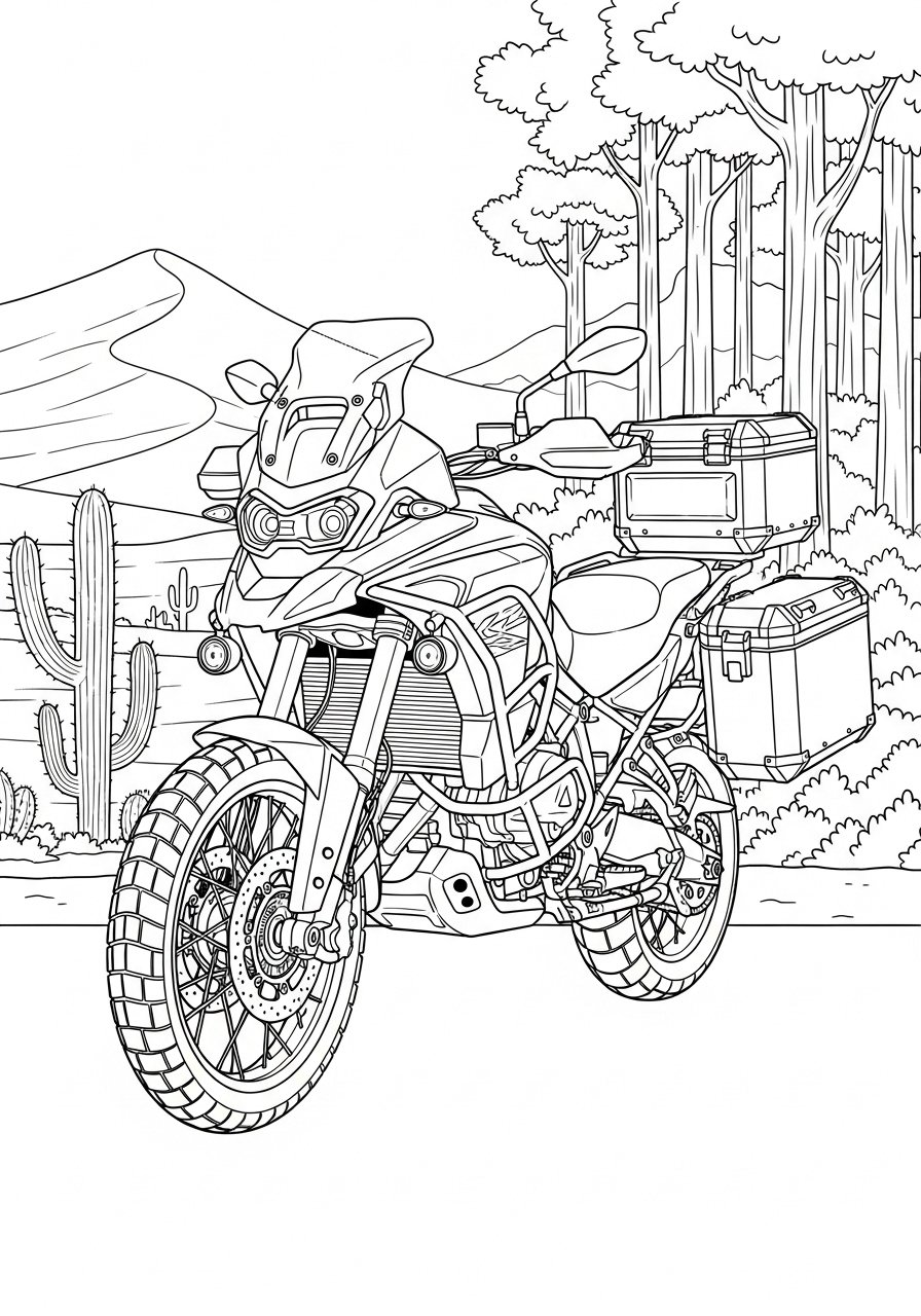 Adventure motorcycle in a desert landscape coloring page