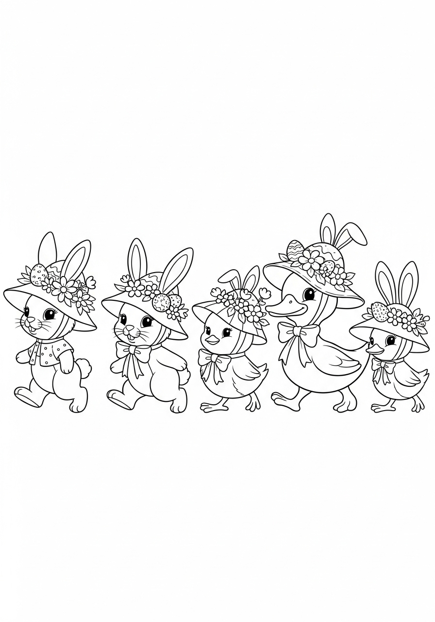 Easter Coloring Pages 3 Animals in fancy bonnets coloring page