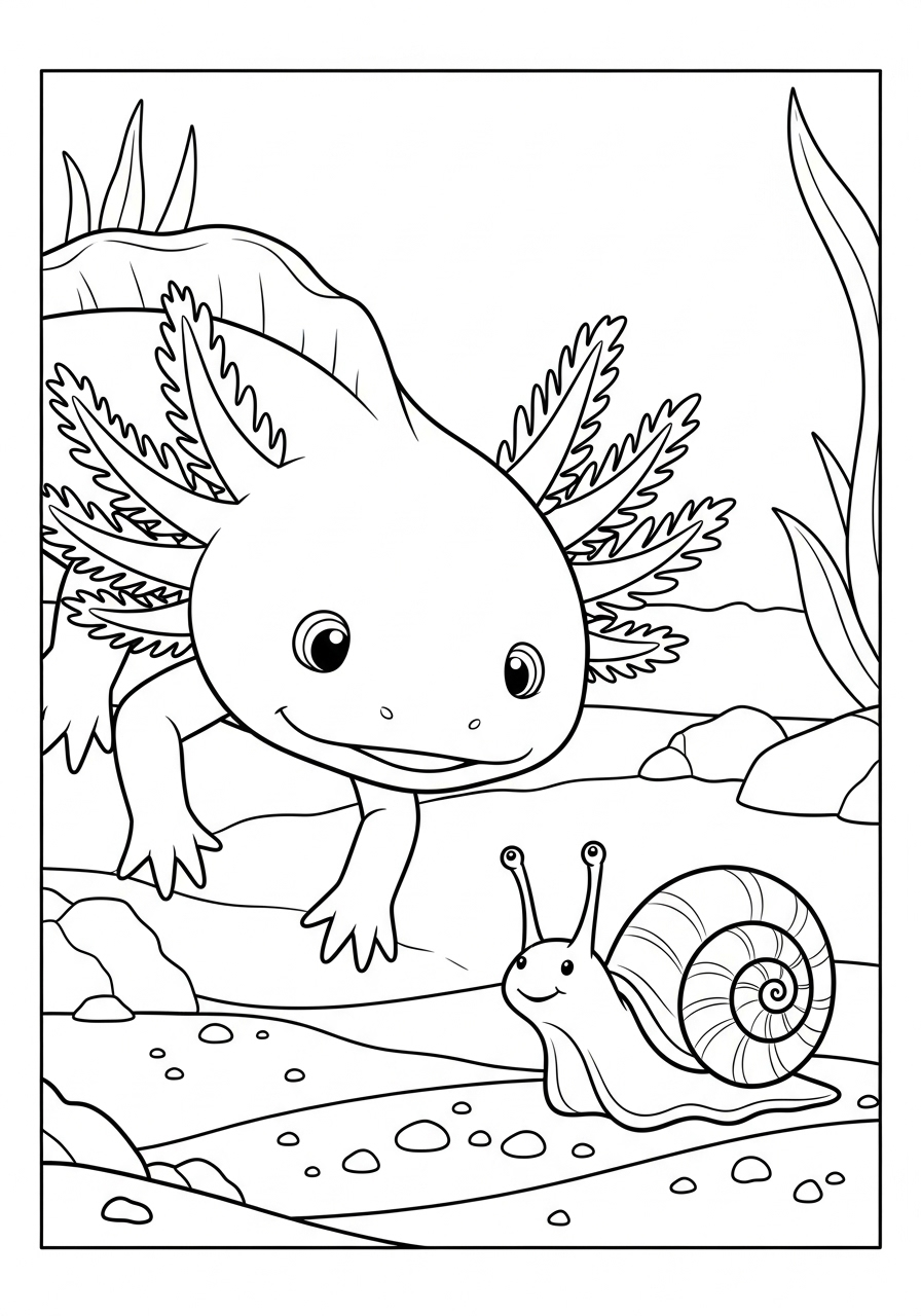 Axolotl and friendly snail coloring page
