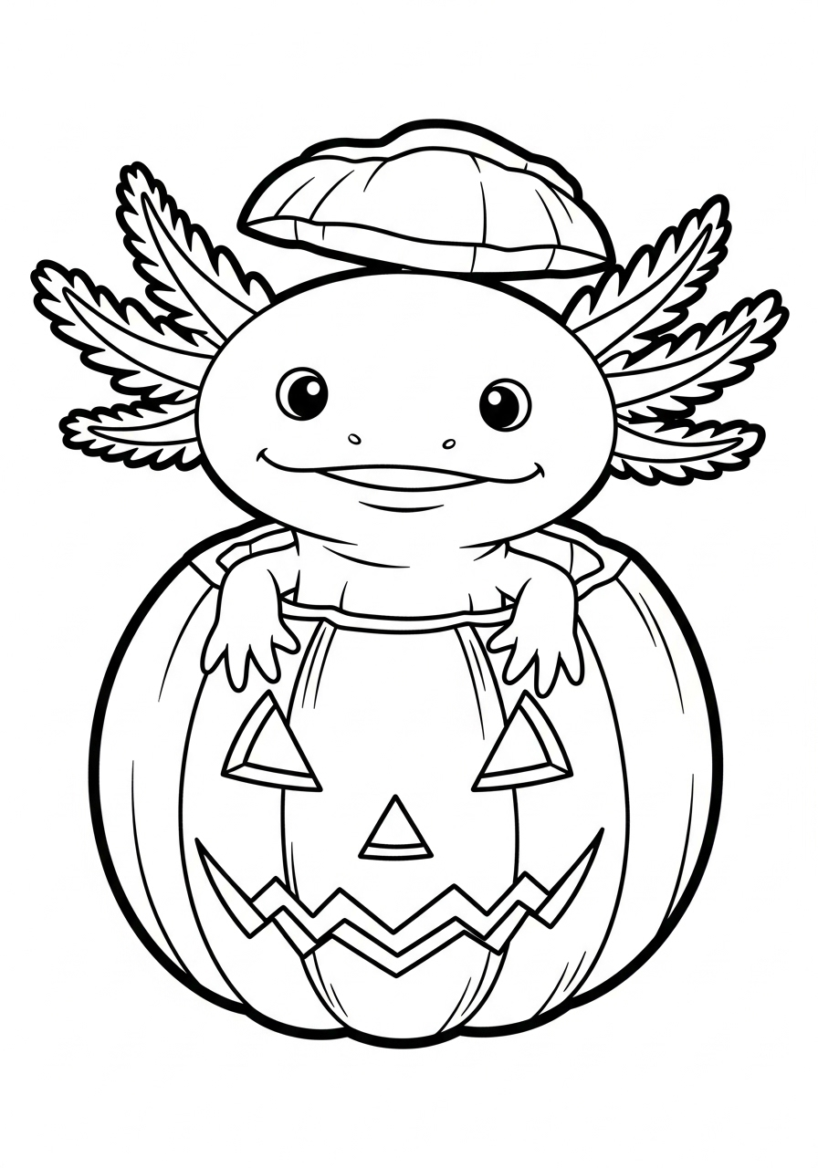 Axolotl in Halloween pumpkin coloring page