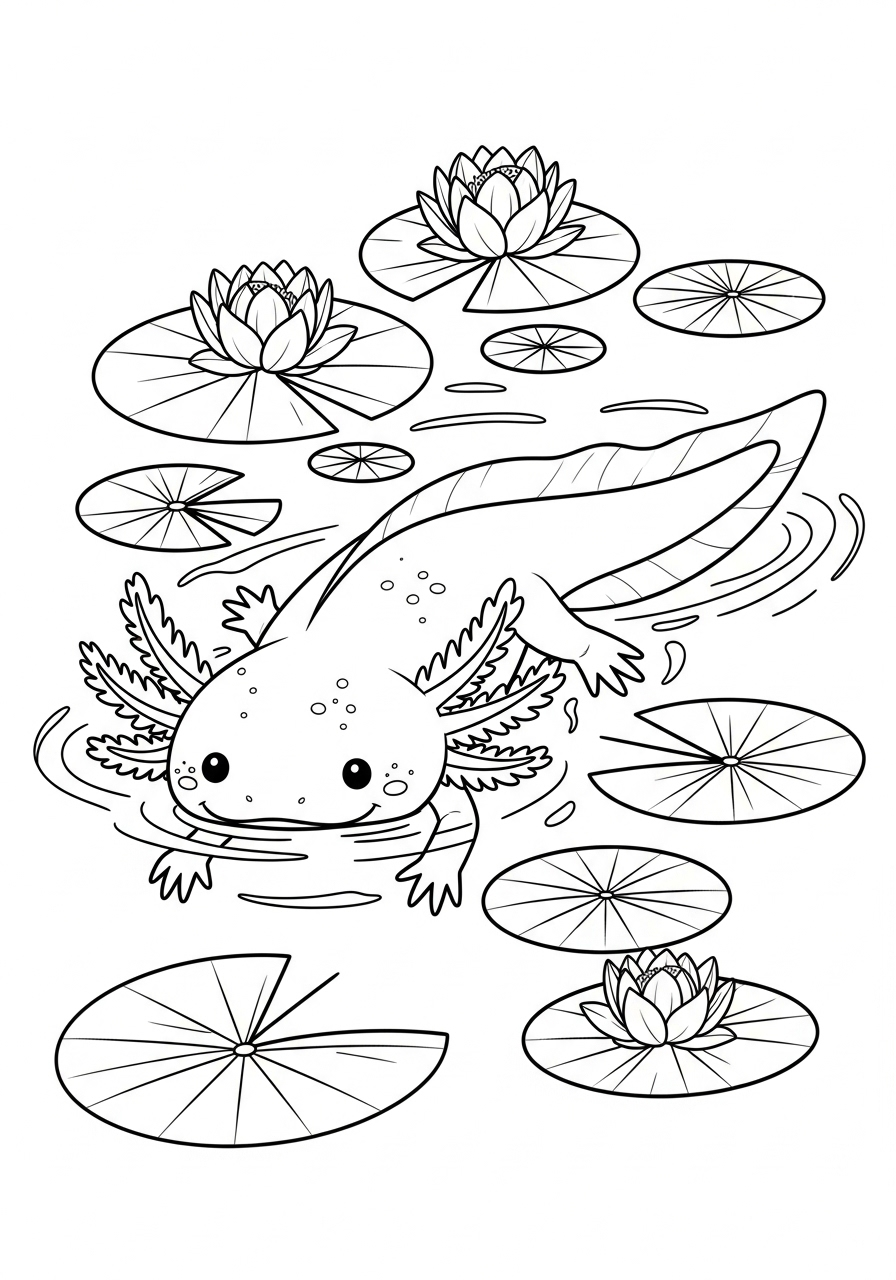 Axolotl under lily pads coloring page