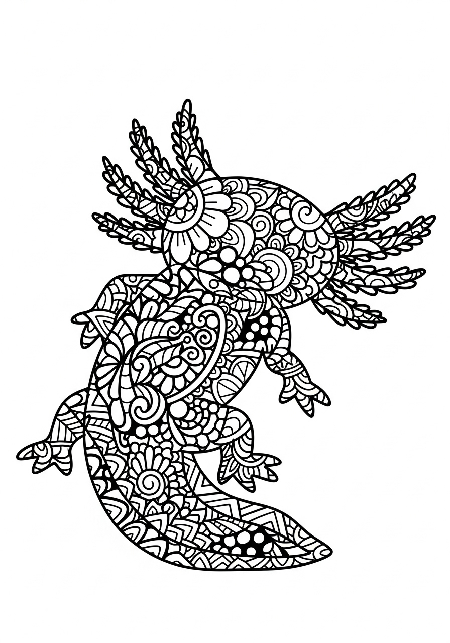 Axolotl with mandala patterns coloring page