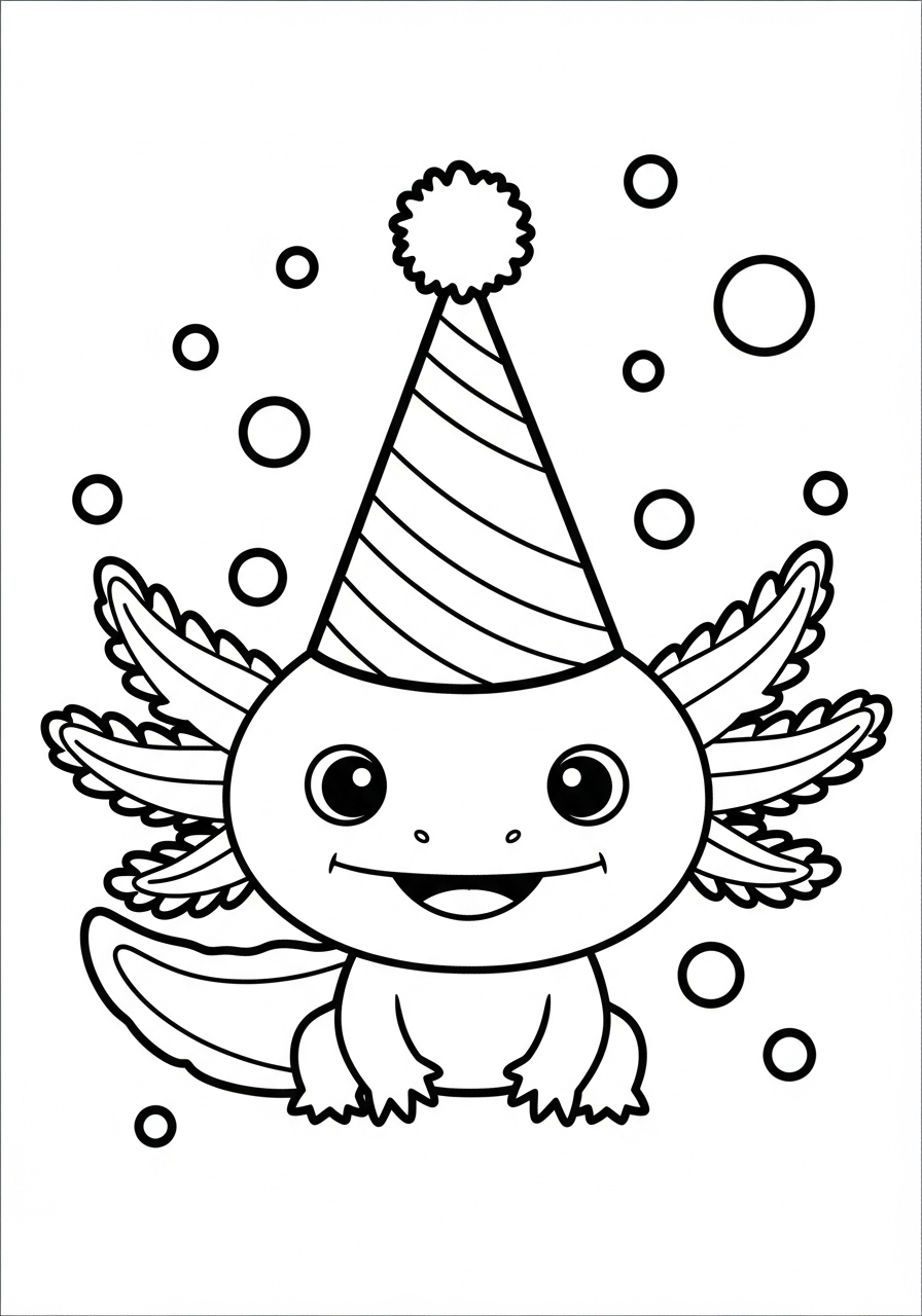 Axolotl with party hat coloring page