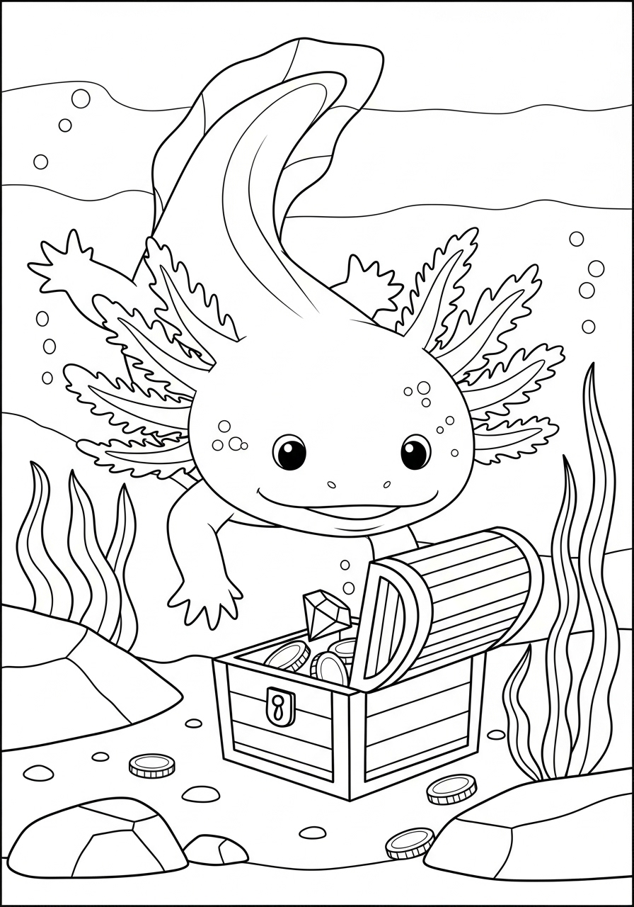 Axolotl with treasure chest coloring page
