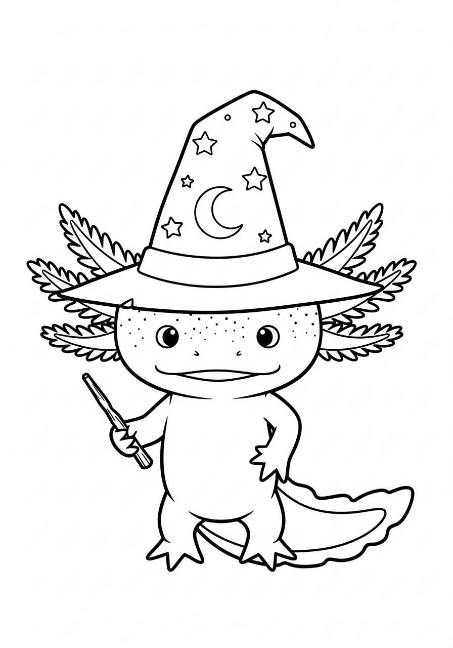 Axolotl with wizard hat coloring page