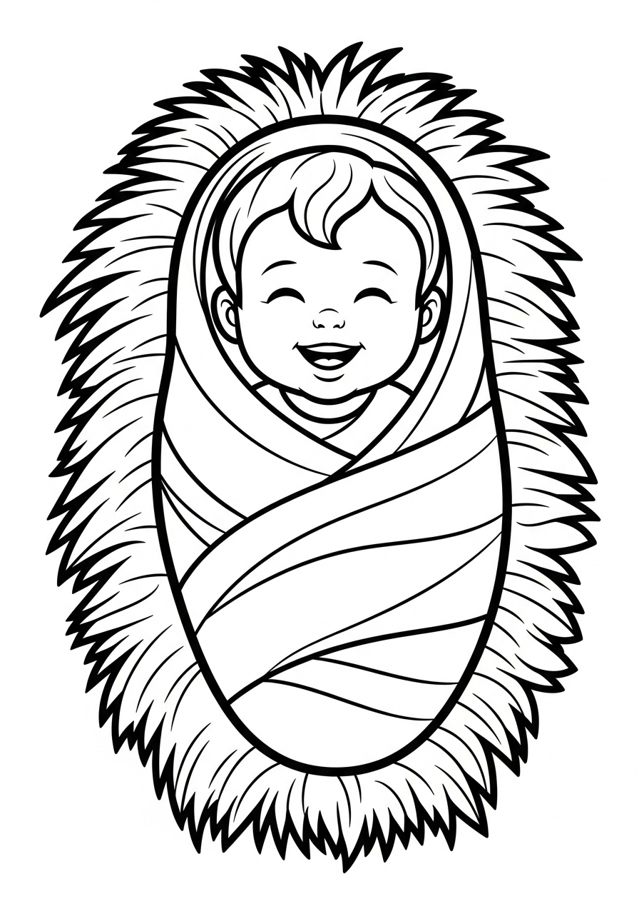 Jesus Coloring Pages 26 Baby Jesus smiling in a manger coloring page