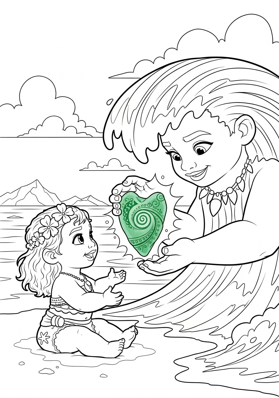Baby Moana and the ocean coloring page