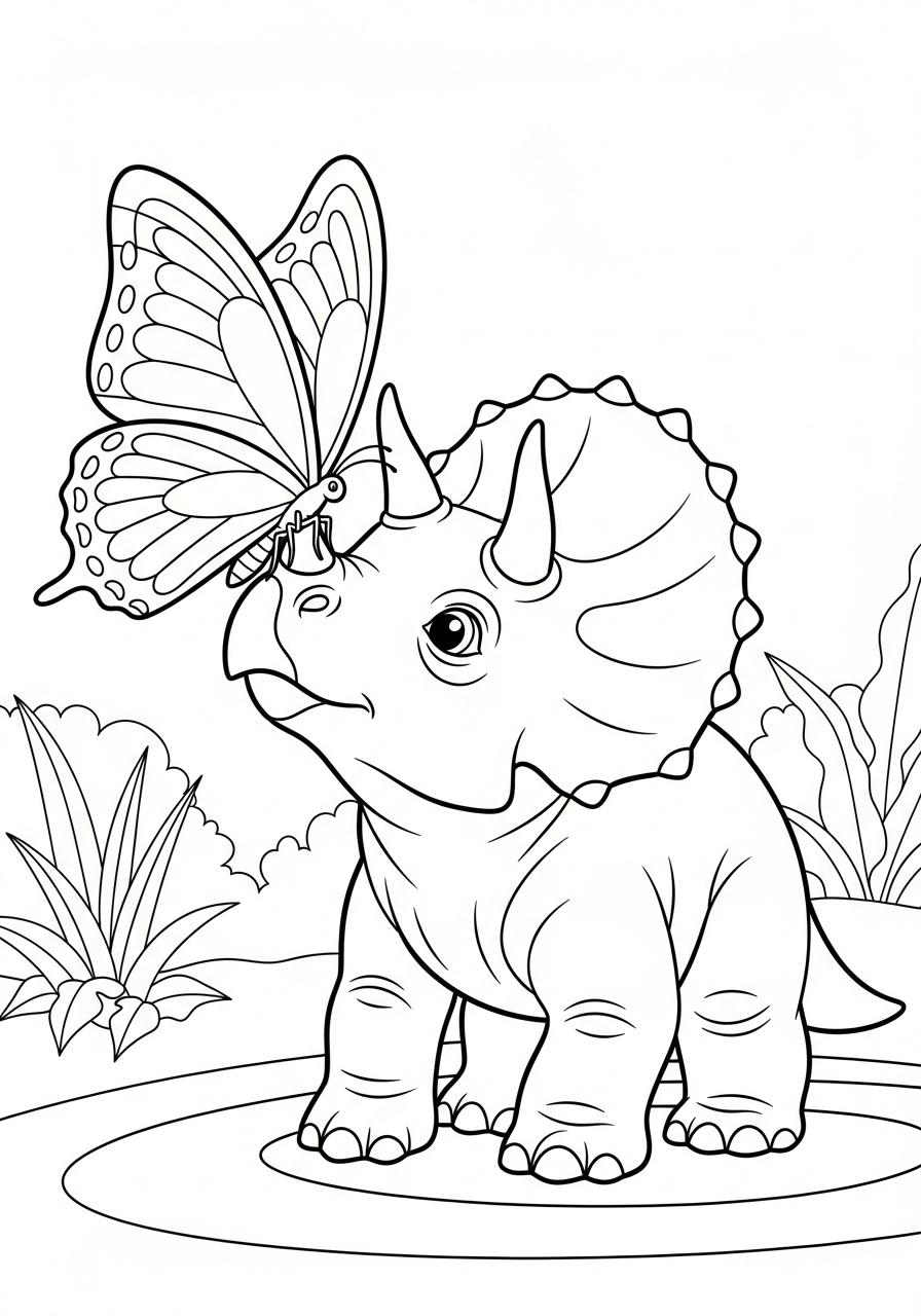 Baby Triceratops and butterfly coloring page