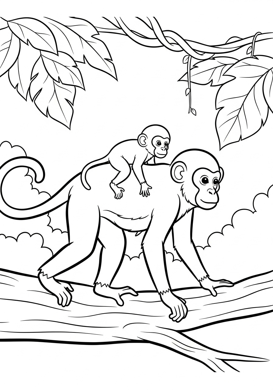 Baby monkey on back coloring page