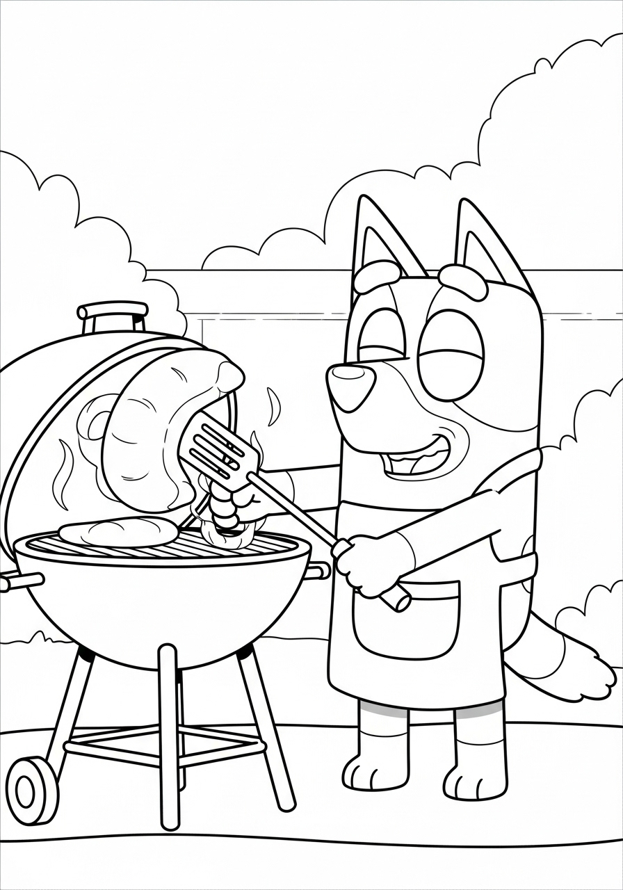 Bluey Coloring Pages 3 Bandit Cooking BBQ coloring page