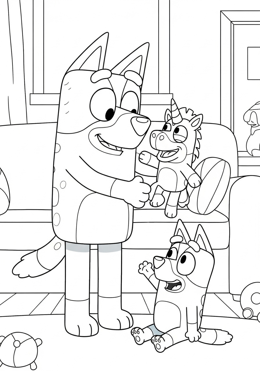 Bluey Coloring Pages 4 Bandit with Unicorse Puppet coloring page