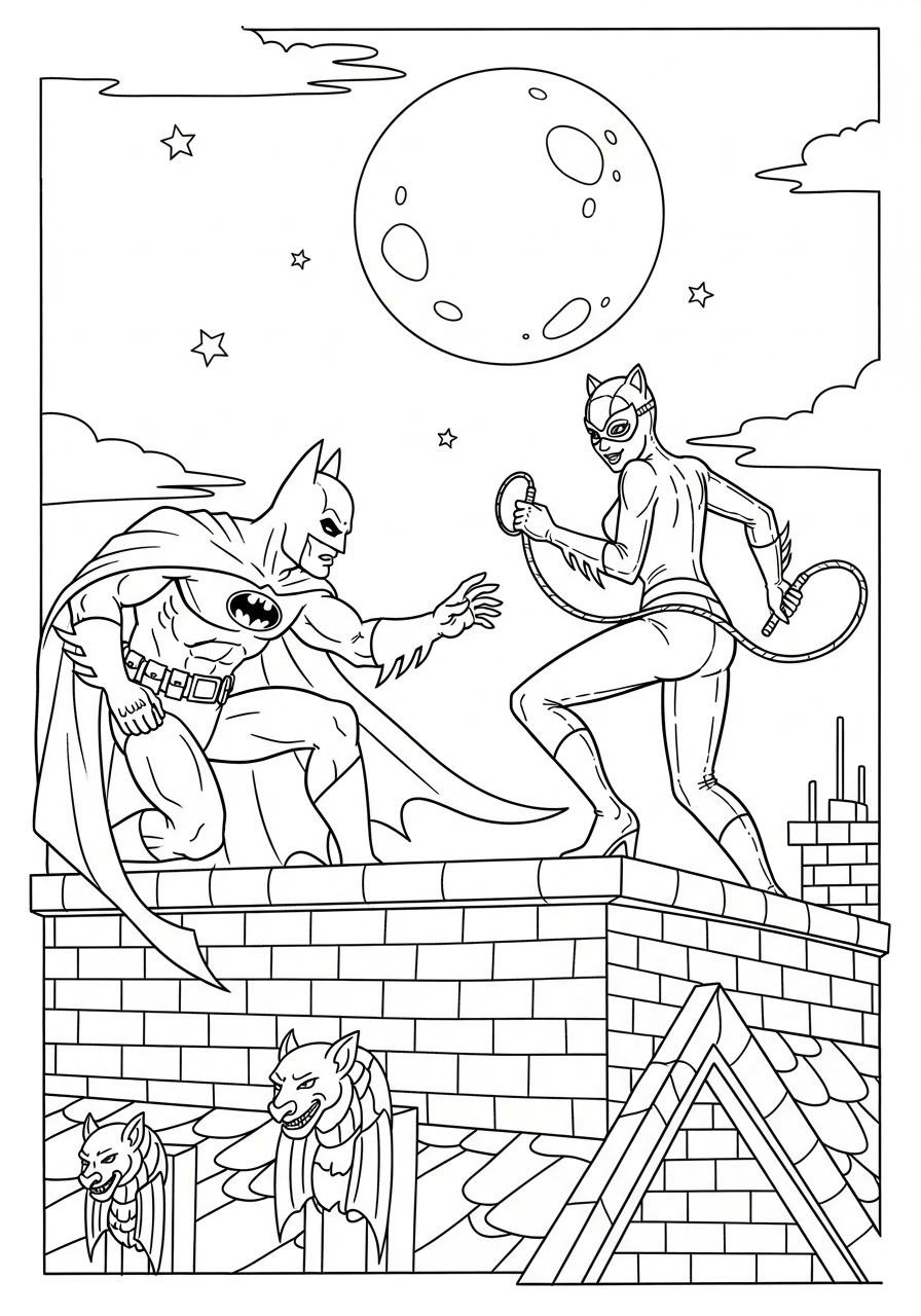 Batman and Catwoman on roof coloring page