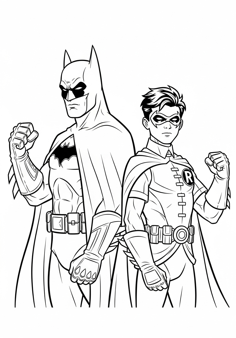Batman and Robin back-to-back coloring page