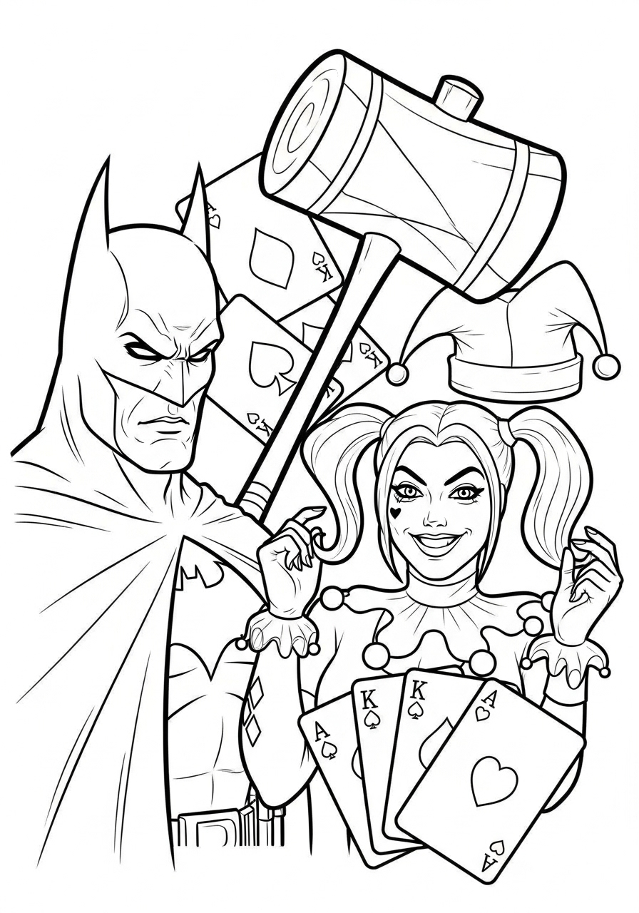 Batman and mischievous Harley Quinn coloring page