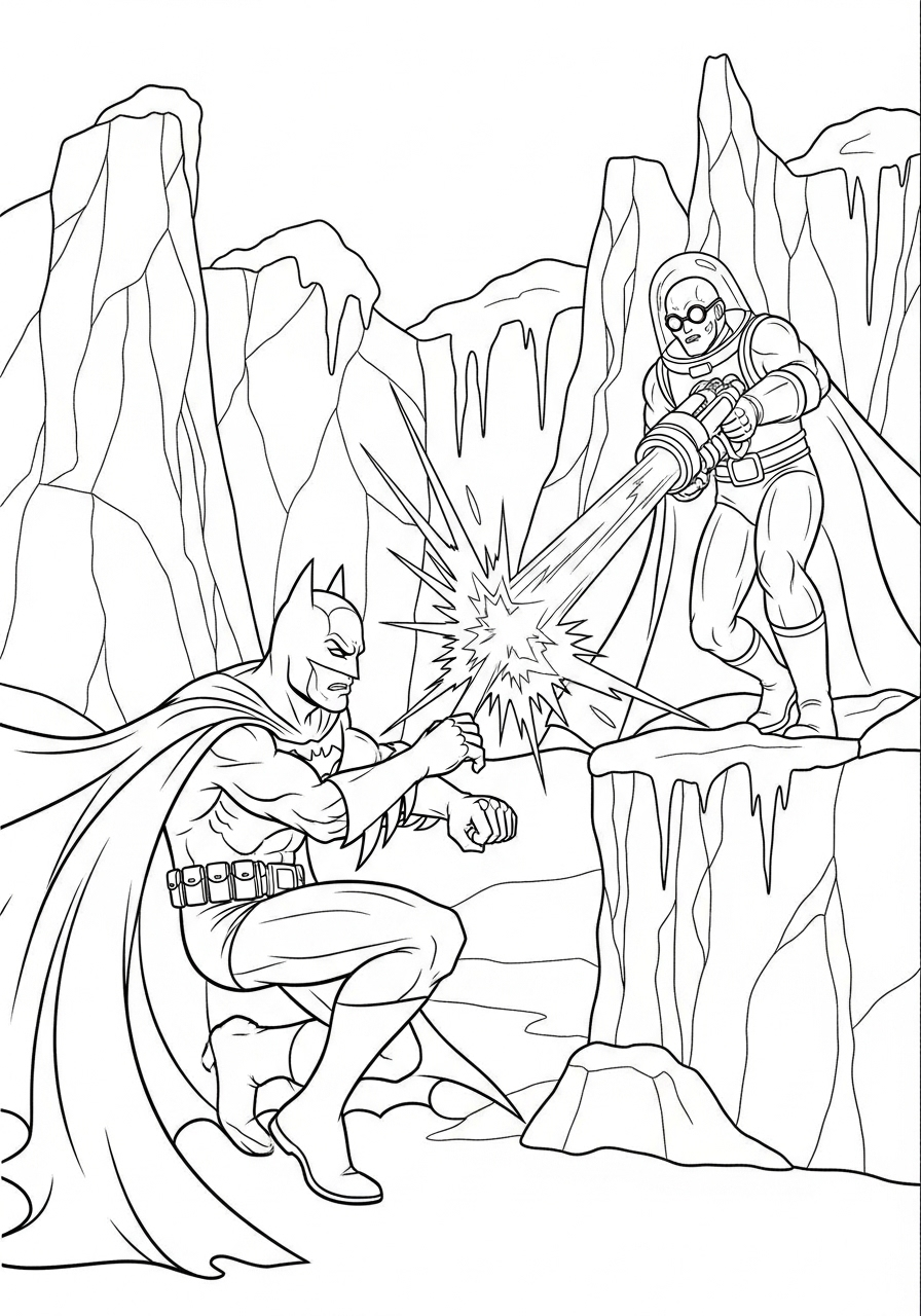 Batman fighting Mr. Freeze coloring page