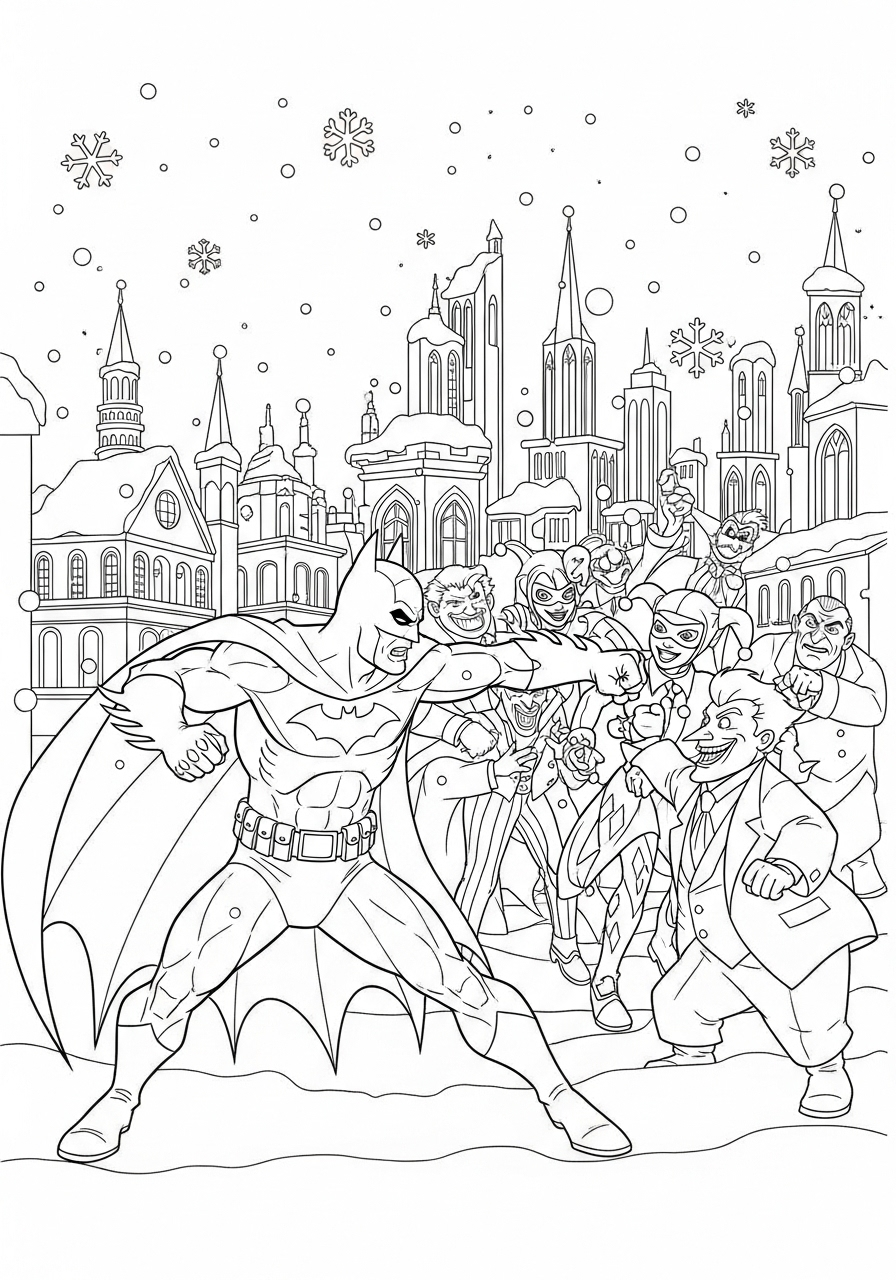 Batman fighting in snow coloring page