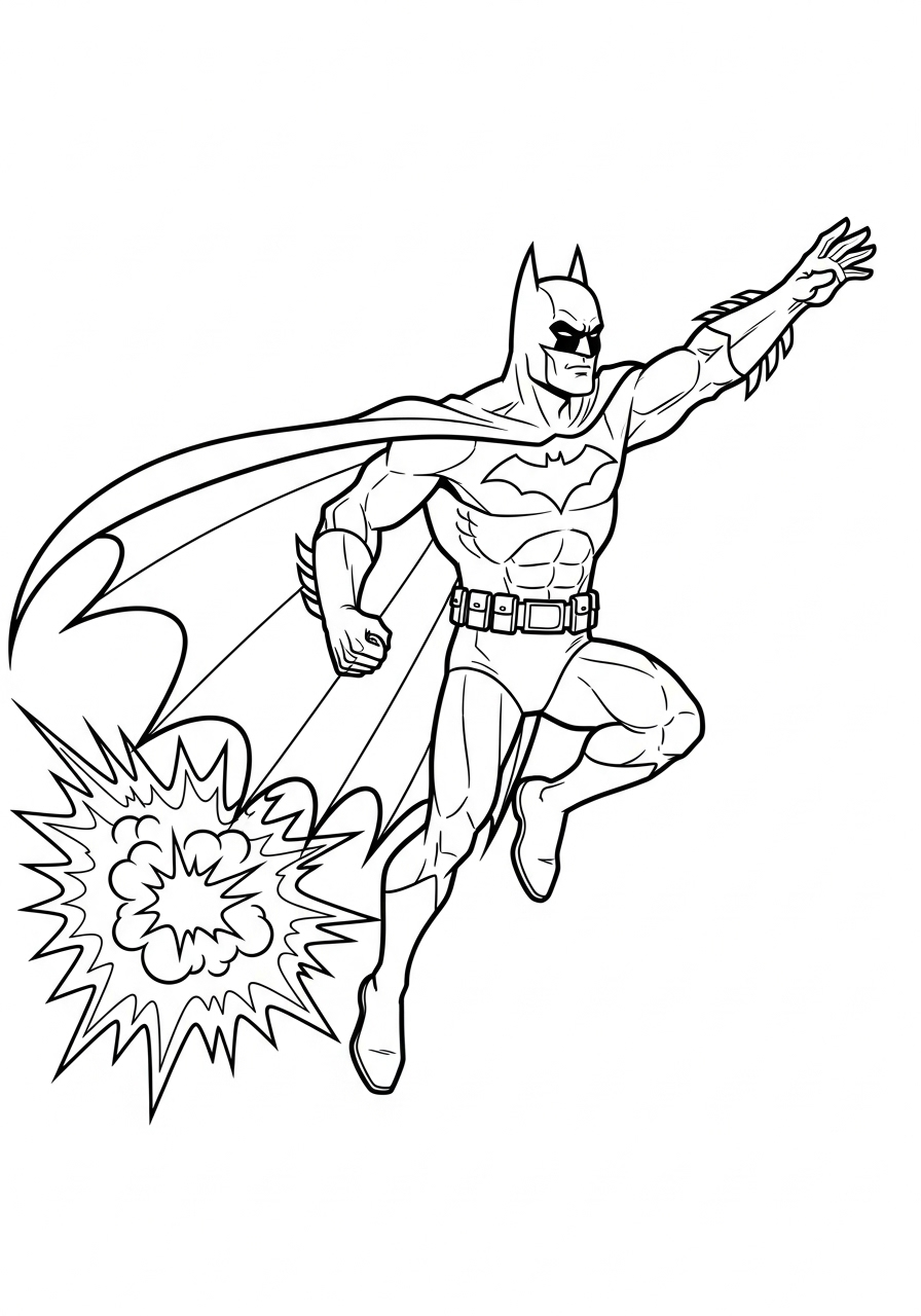 Batman leaping from explosion coloring page