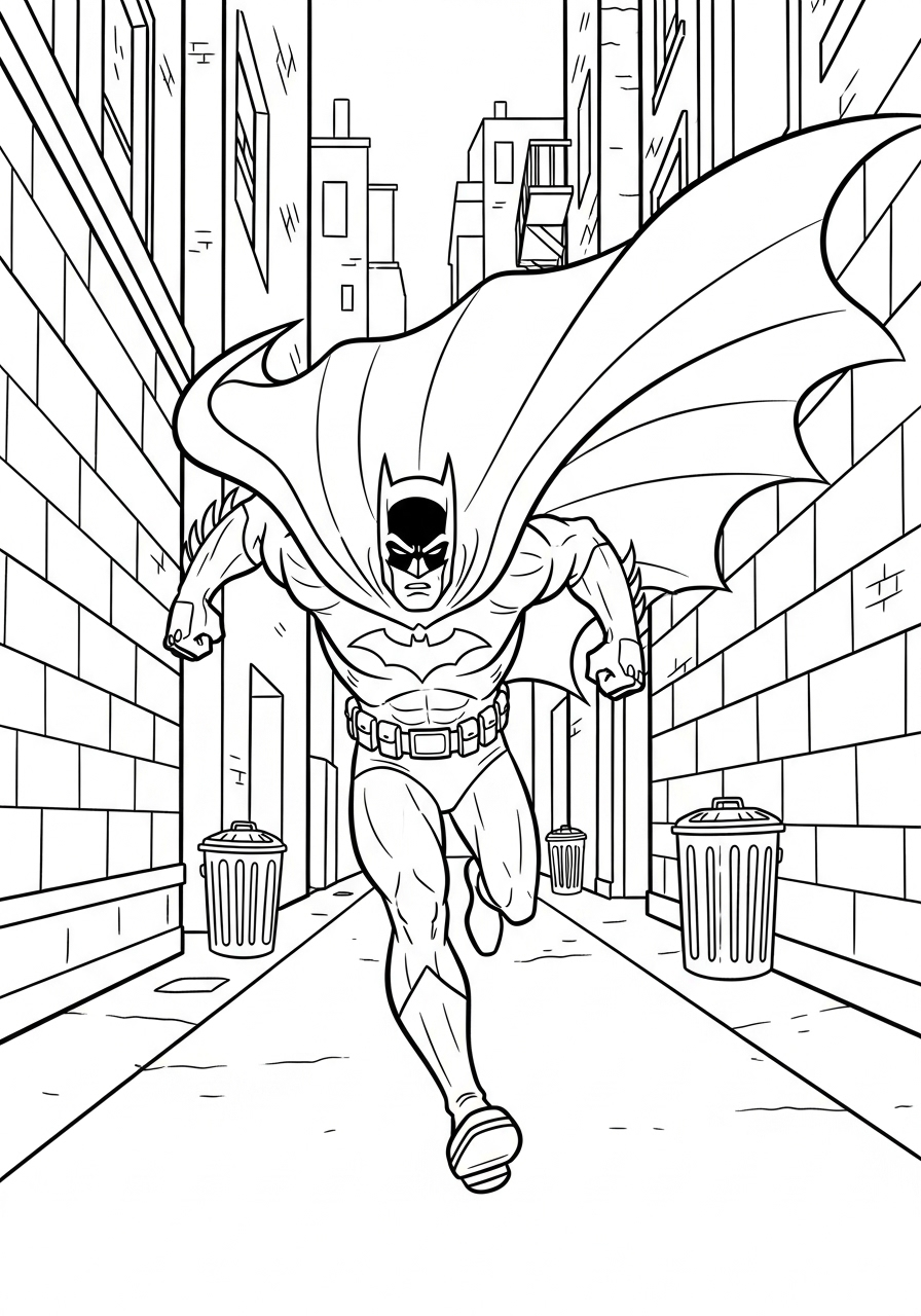 Batman running through alleyway coloring page