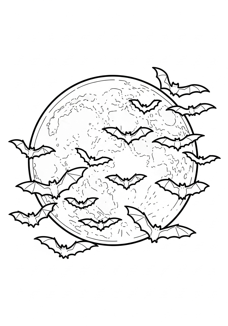 Halloween Coloring Pages 4 Bats flying across the full moon coloring page