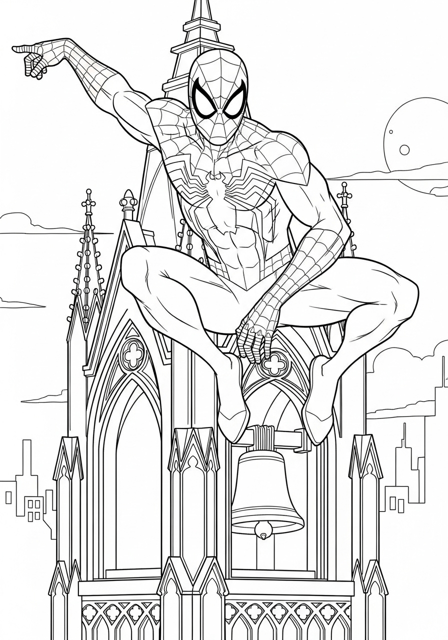 Spider-Man Coloring Pages 2 Black Symbiote suit, bell tower coloring page