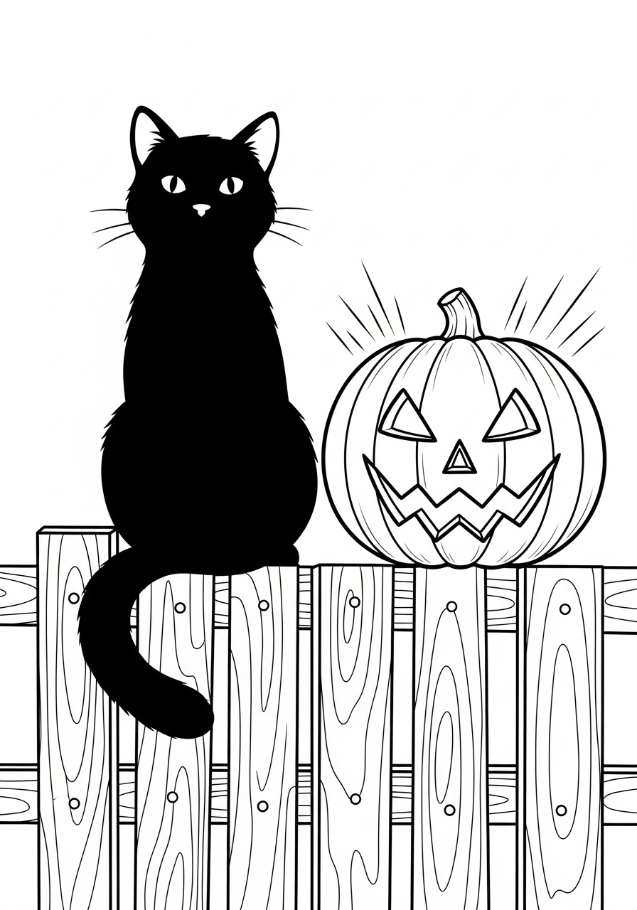 Halloween Coloring Pages 5 Black cat next to a pumpkin coloring page
