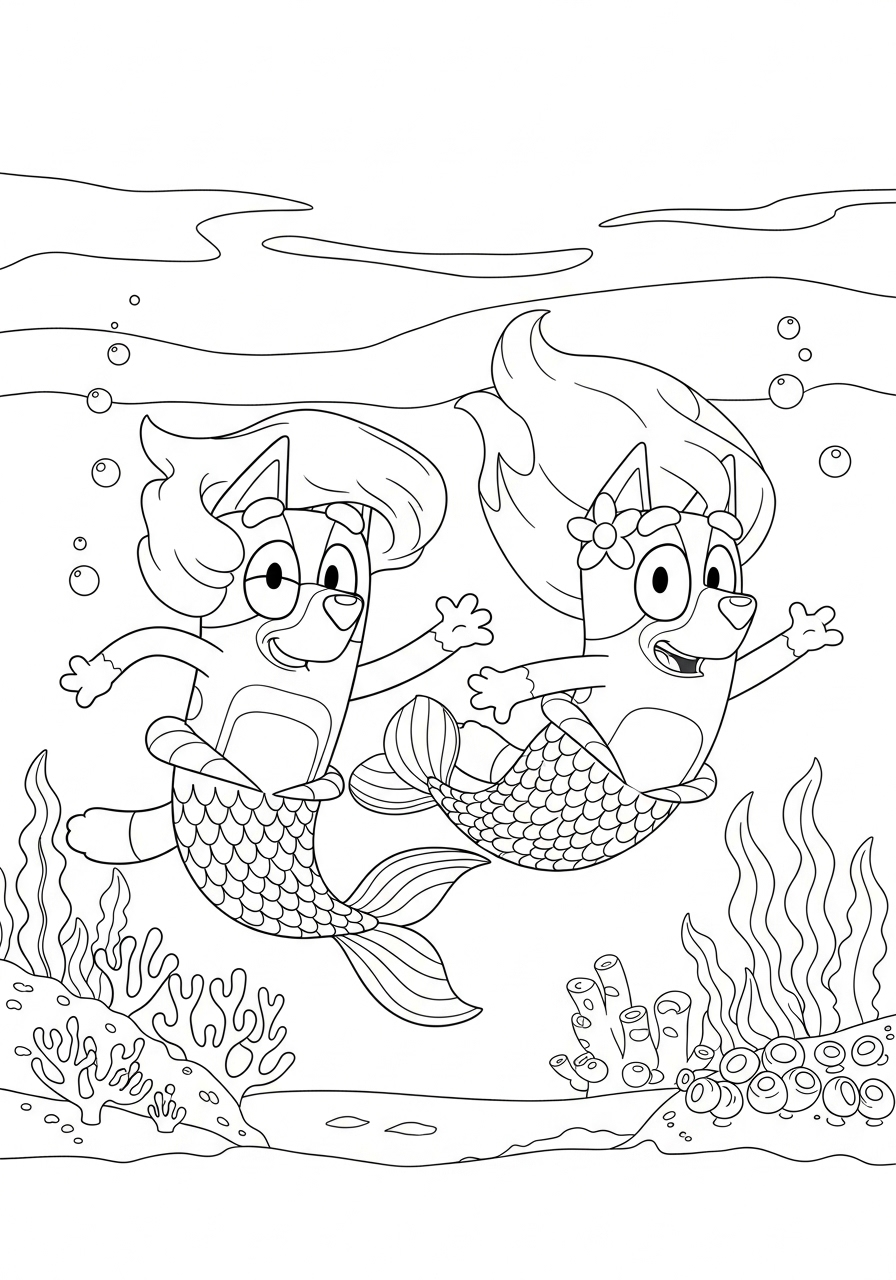 Bluey Coloring Pages 6 Bluey and Bingo Mermaids coloring page