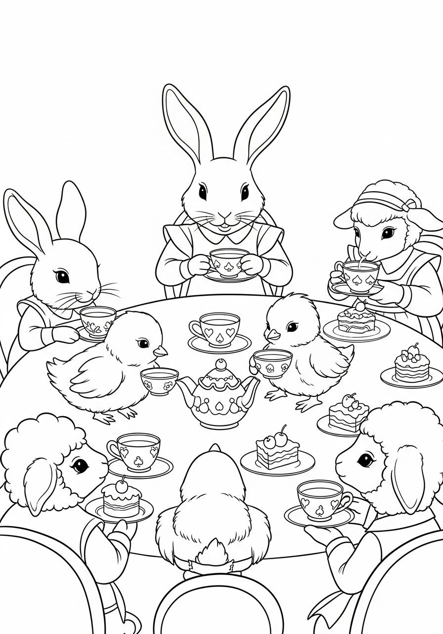Easter Coloring Pages 6 Bunnies having a tea party coloring page