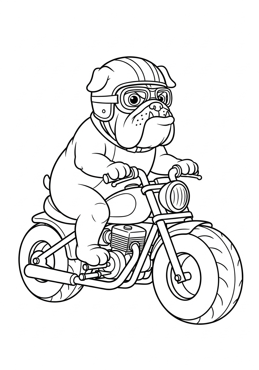 Cartoon bulldog riding a mini-bike coloring page