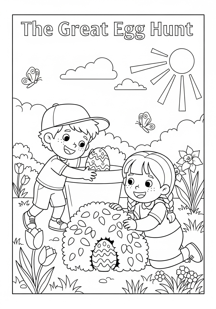Easter Coloring Pages 12 Children on an egg hunt coloring page