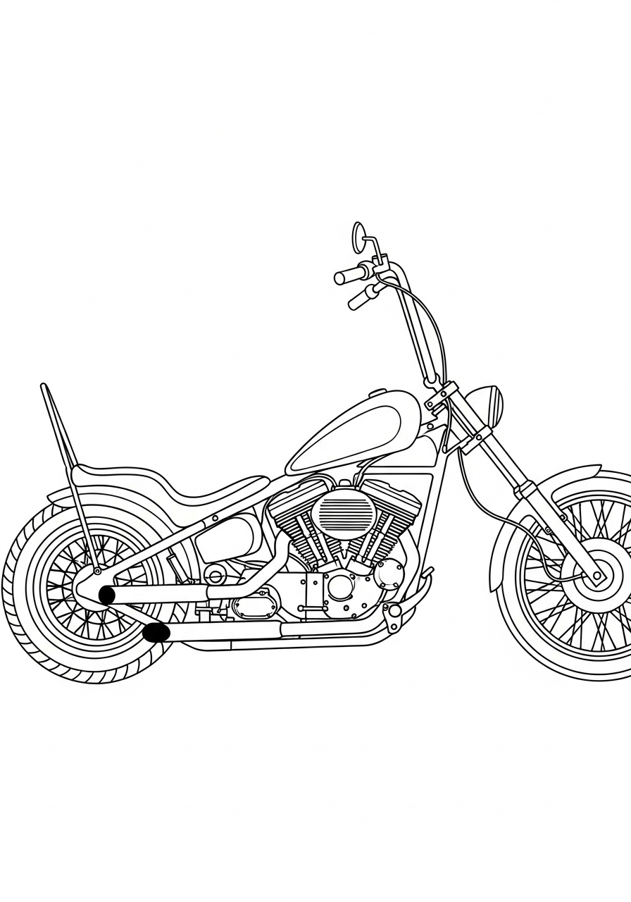 Classic chopper, side profile, V-twin engine coloring page