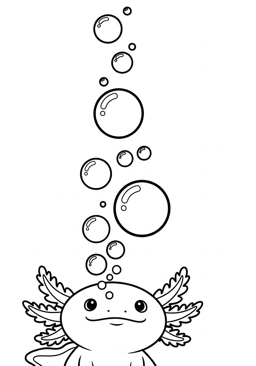 Cute Axolotl with bubbles coloring page