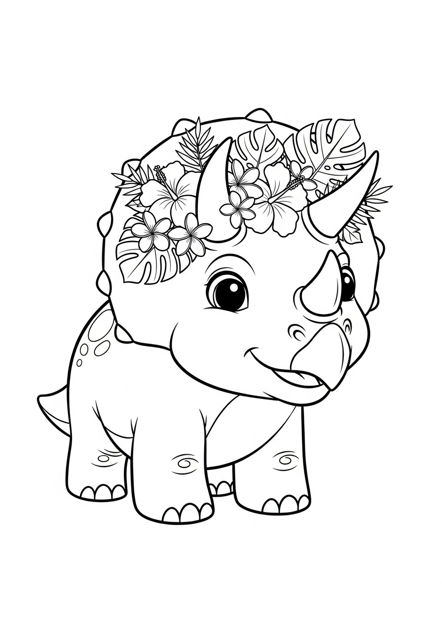 Cute Triceratops wearing flowers coloring page