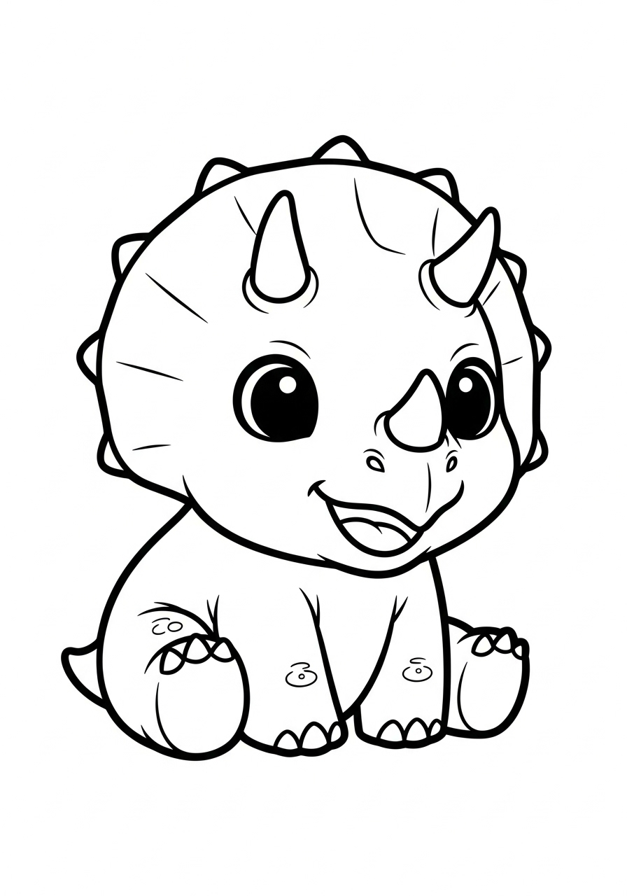 Cute kawaii baby Triceratops smiling coloring page