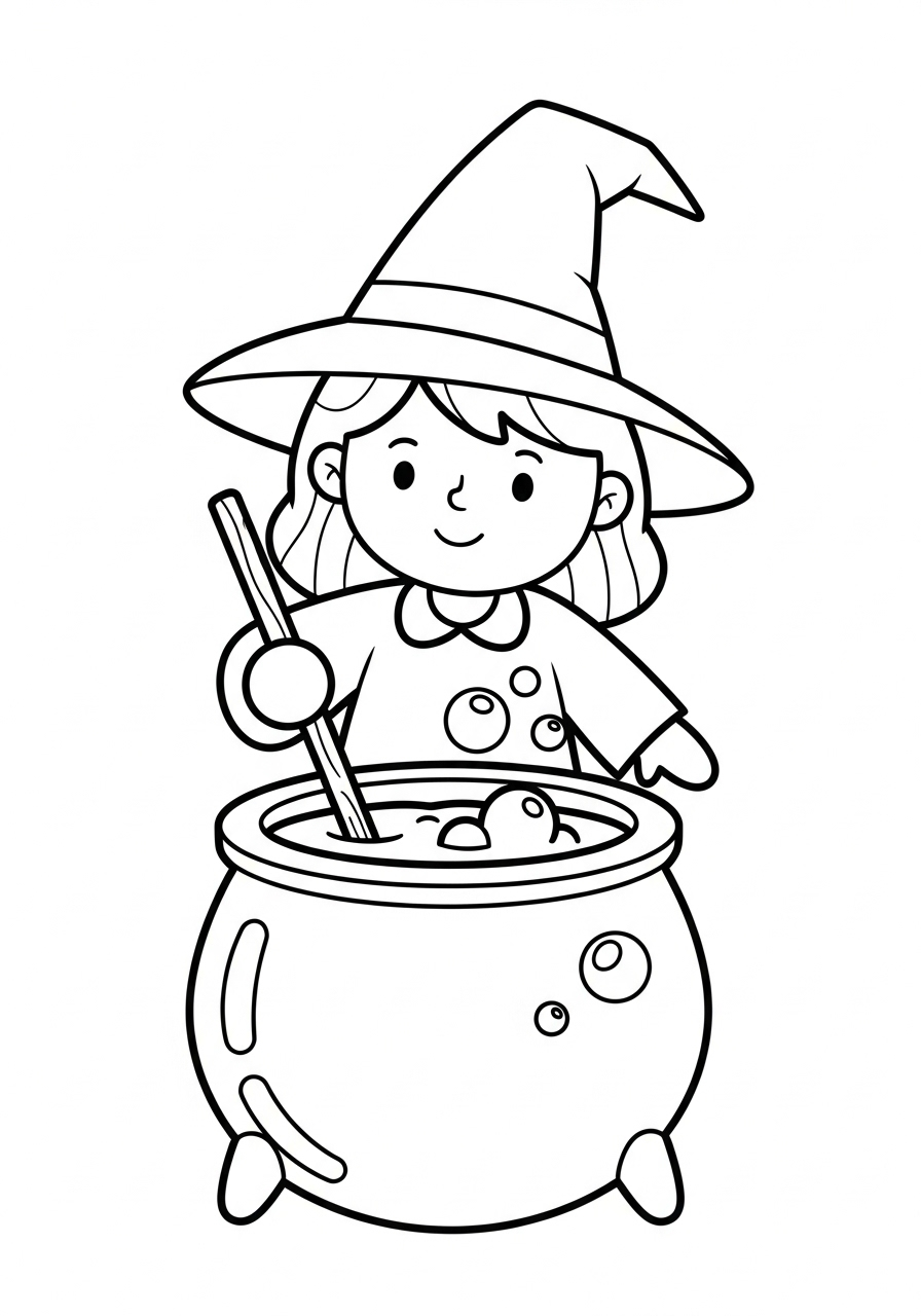 Halloween Coloring Pages 9 Cute witch stirring a big cauldron coloring page