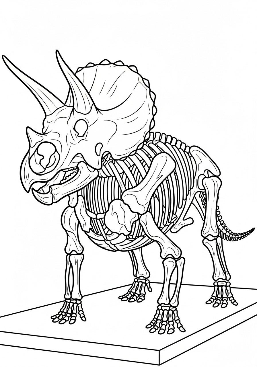 Detailed Triceratops fossil skeleton coloring page