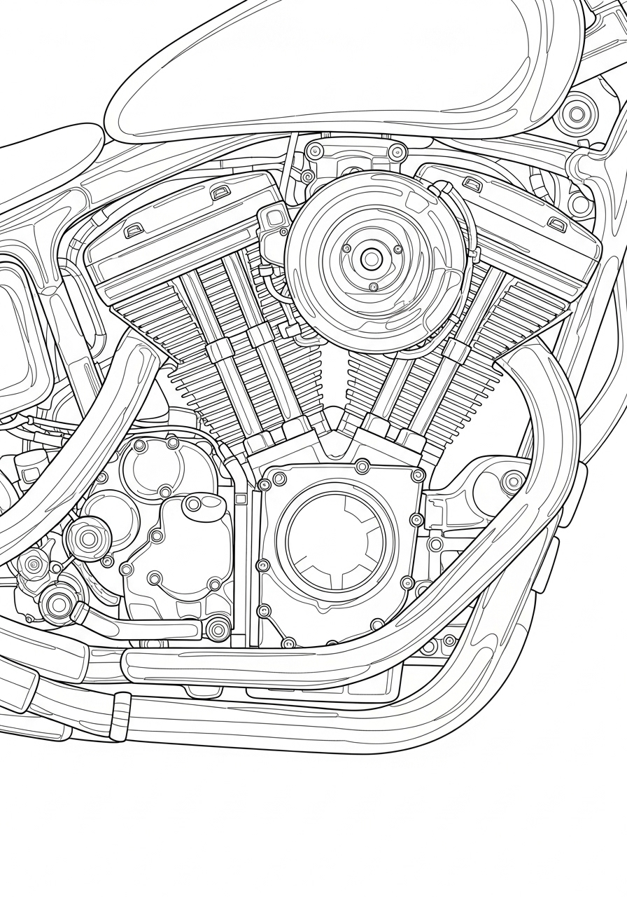 Detailed close-up of motorcycle engine coloring page