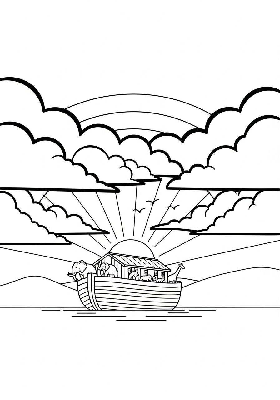 Distant Noah’s Ark at sea coloring page