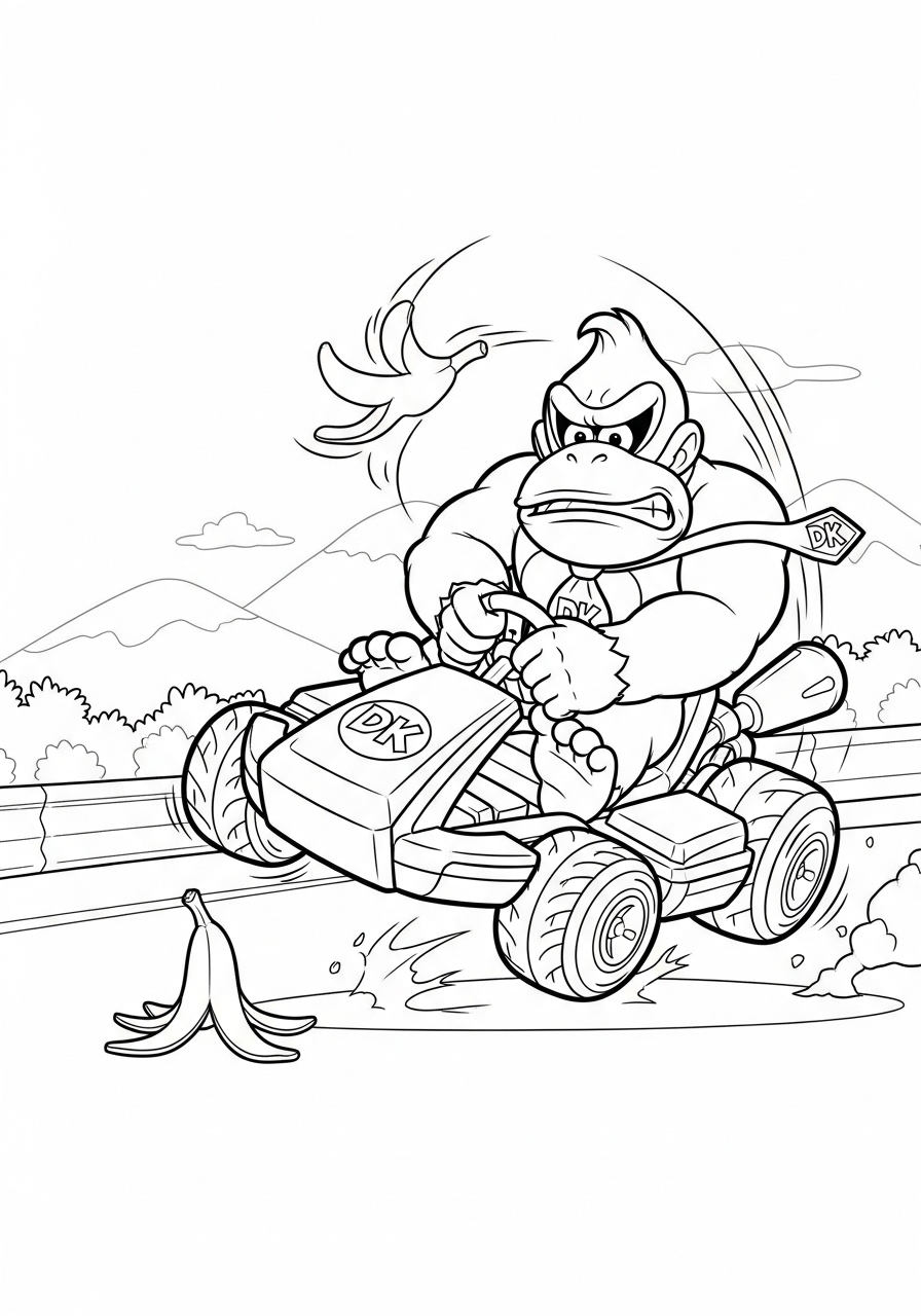 Donkey Kong spinning out on banana coloring page