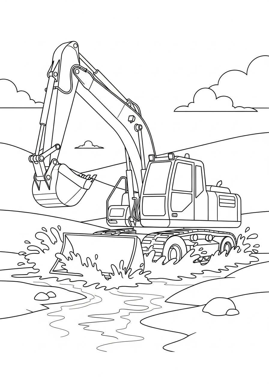 Excavator Coloring Pages 11 Excavator driving through water coloring page