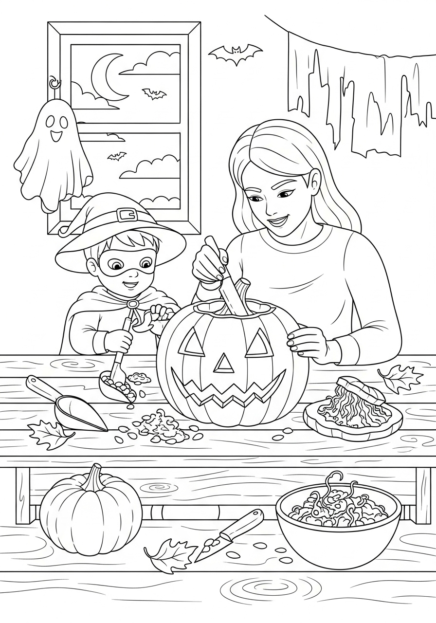 Halloween Coloring Pages 10 Family carving a jack-o’-lantern coloring page