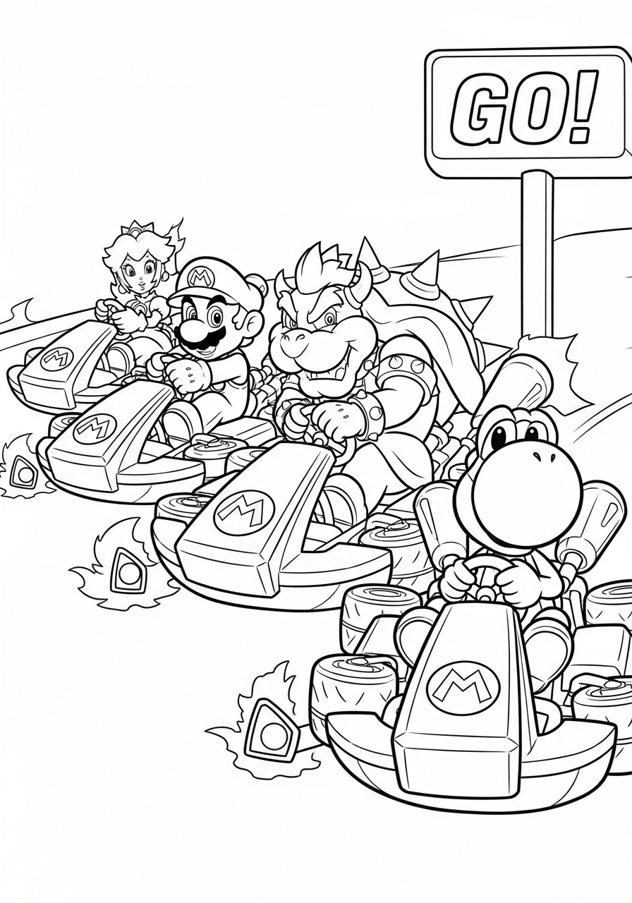 Four karts at the starting line coloring page