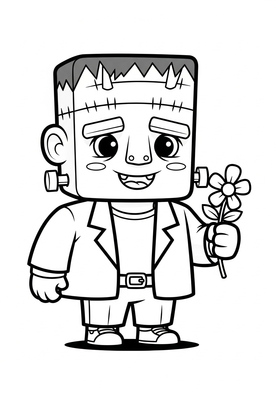 Halloween Coloring Pages 11 Friendly Frankenstein’s monster holding flower coloring page