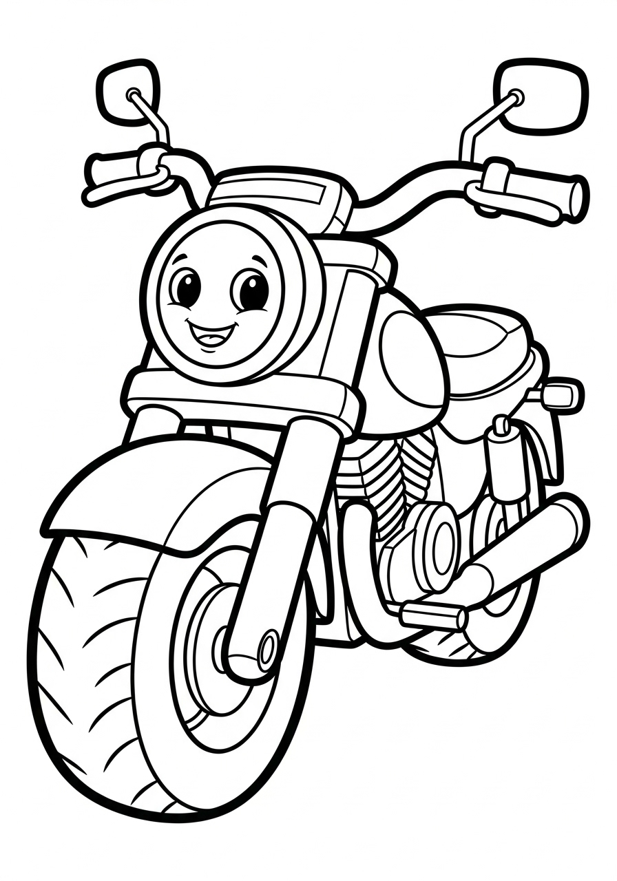 Friendly cartoon motorcycle with smiling face coloring page