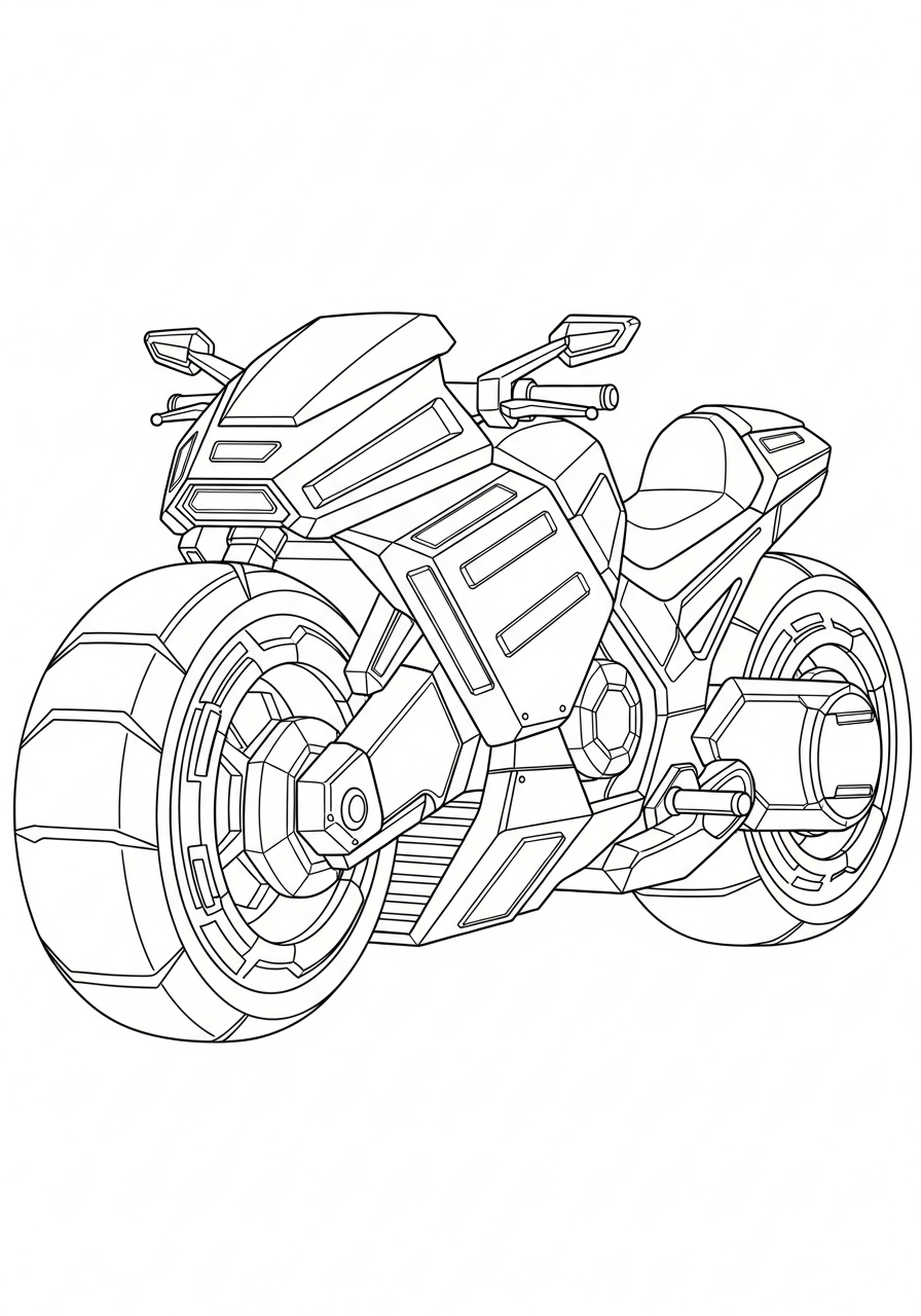 Futuristic cyberpunk motorcycle with light strips coloring page