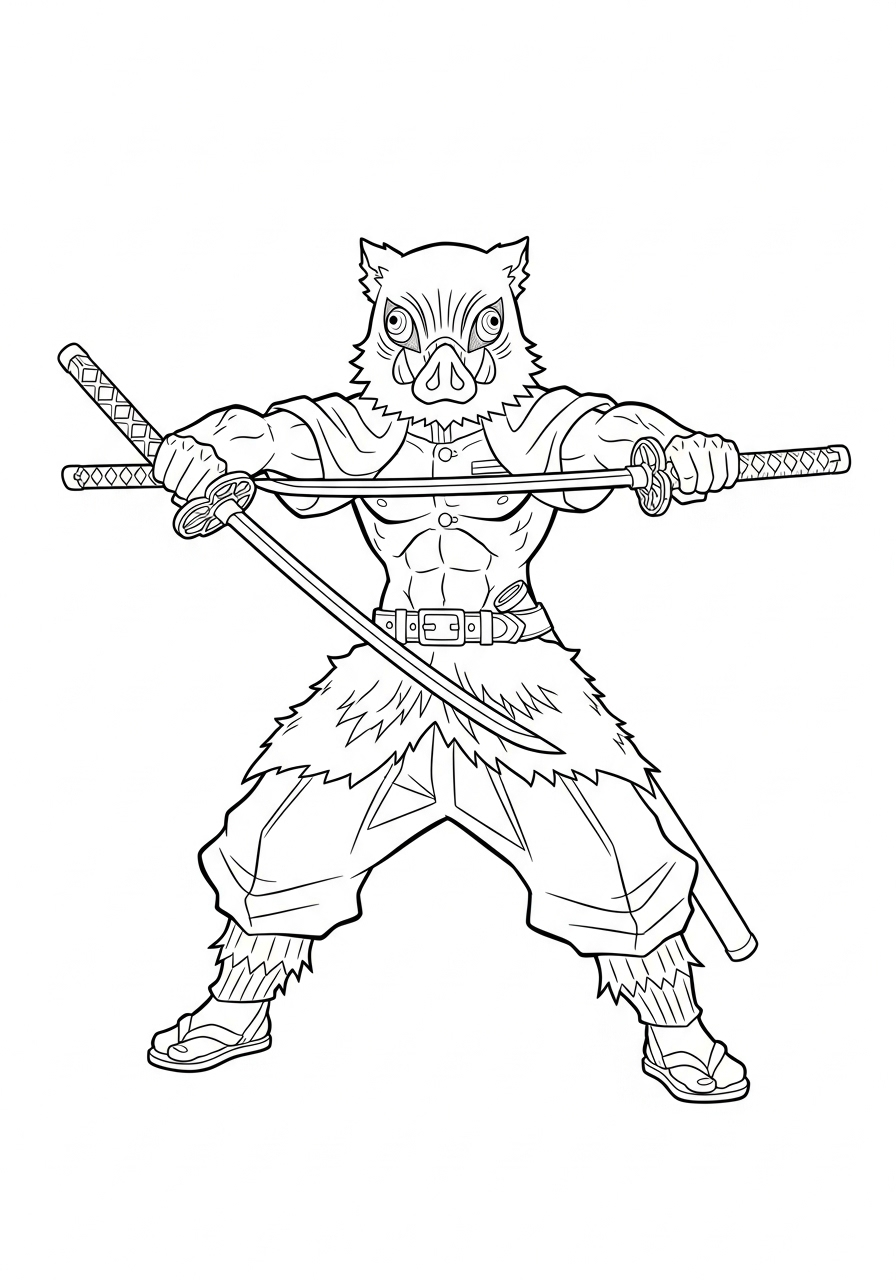 Inosuke with dual swords coloring page