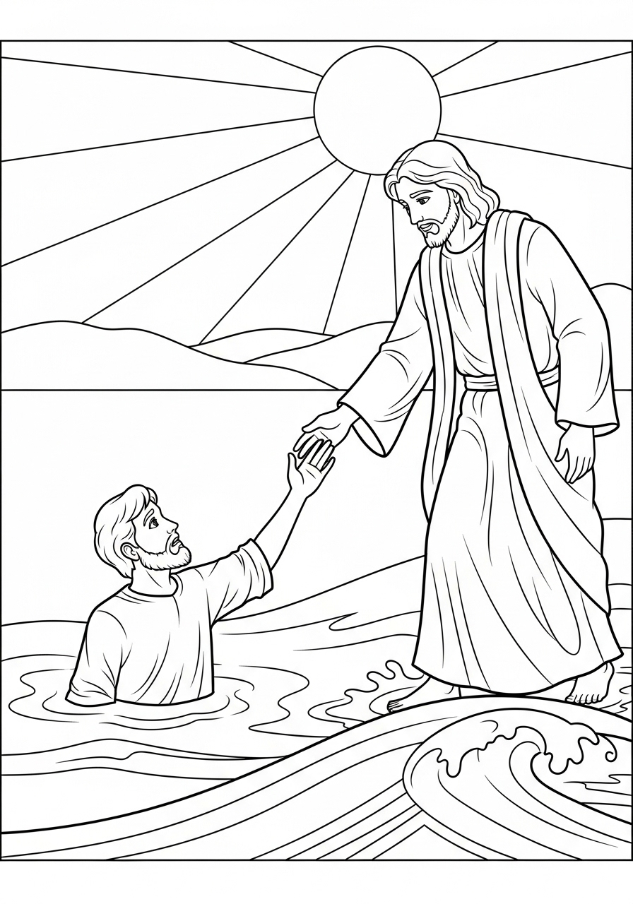 Jesus Coloring Pages 14 Jesus walking on water, helping Peter coloring page