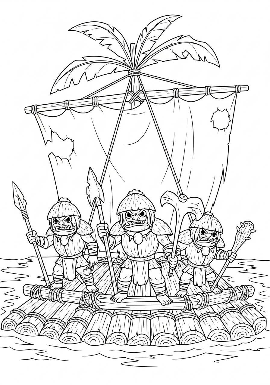 Kakamora coconut pirates on raft coloring page