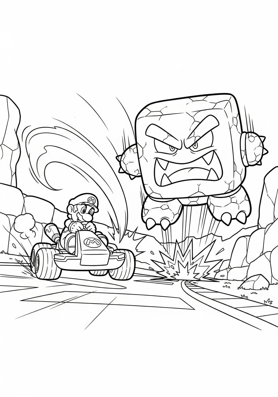 Kart dodging a falling Thwomp coloring page