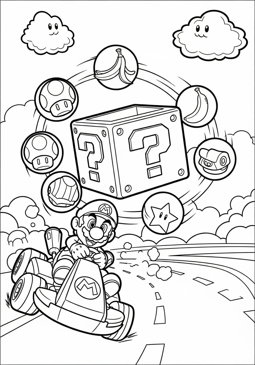 Kart driving through mystery Item Box coloring page