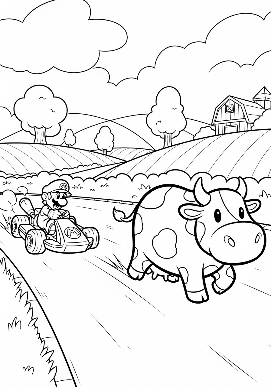 Kart racing past cow on farm coloring page